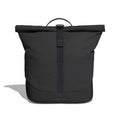 Black Hydro Flask roll-top backpack with central webbing strap and buckle, small loop handle, reinforced lower section, and subtle logo near the base.